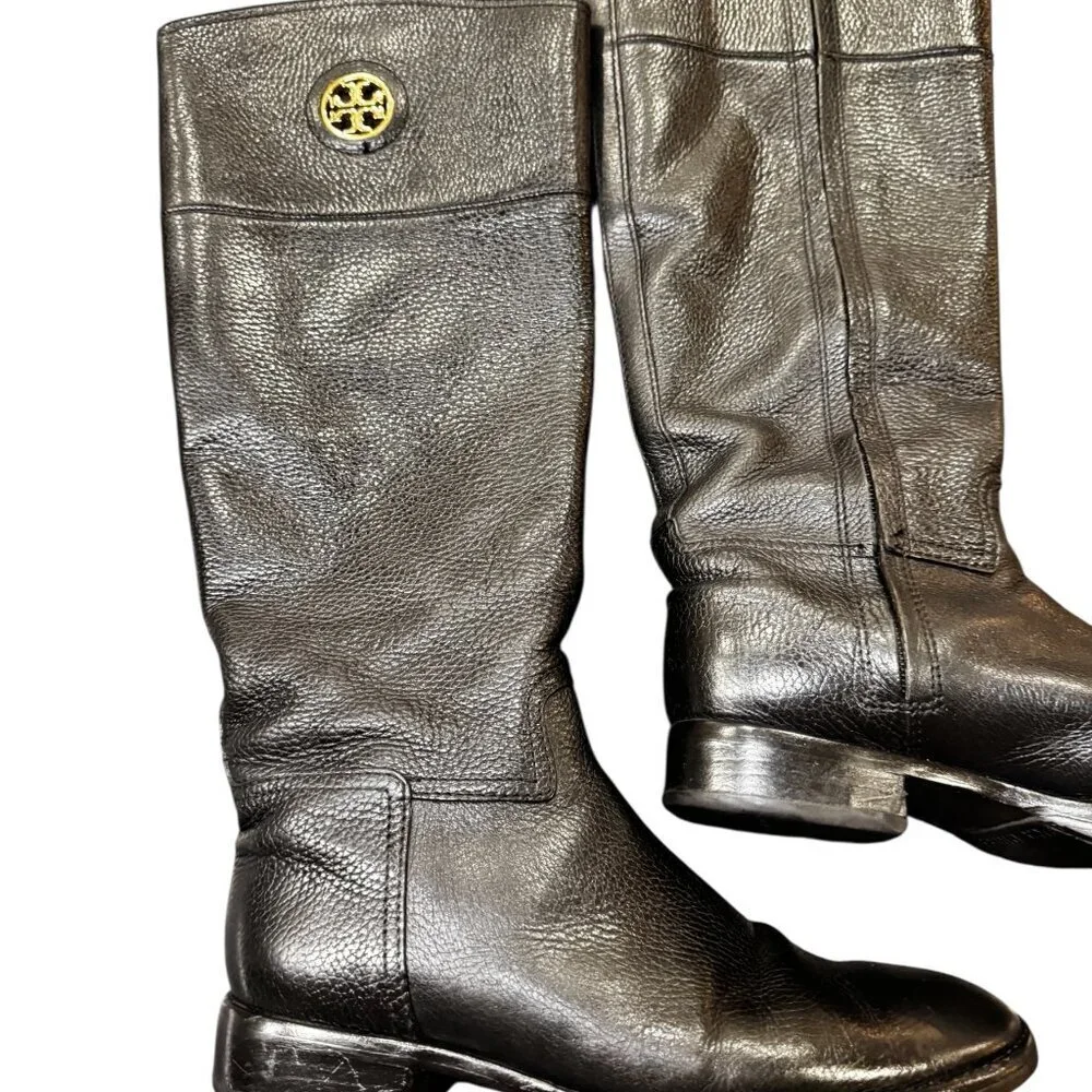 Tory Burch Junction Riding Boots — Black Tumbled Leather — Size 8.5